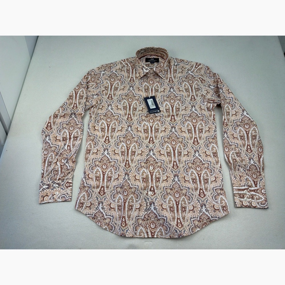 Hawes & Curtis Brandon SC Paisley Shirt Mens M Long White Blue BFDFK009 NWT